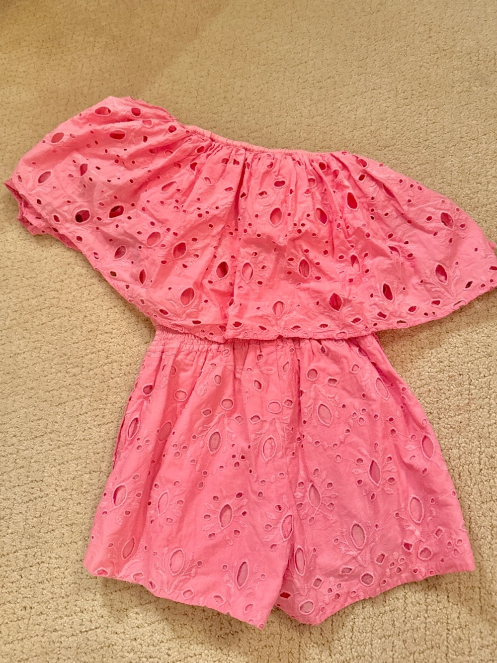 Anthropologie Soft Pink Eyelet Off the Shoulder Romper XS
